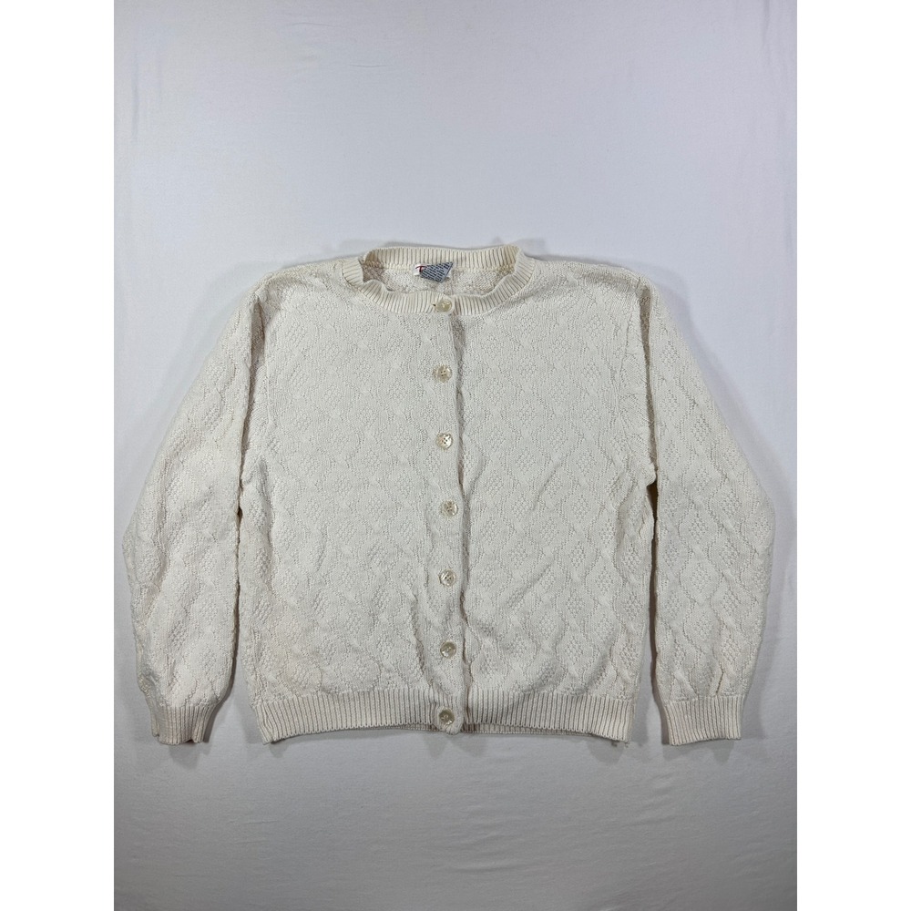 Talbots Vintage Cream Cotton Diamond Cable Knit Cardigan Sweater USA Made Small